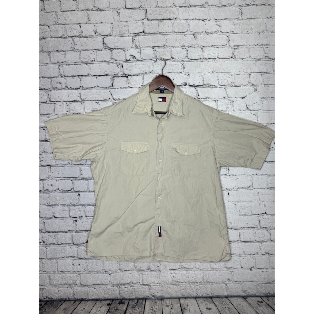 Tommy Hilfiger Mens Beige Short Sleeve Button Up Shirt Size 16 Classic Fit‎